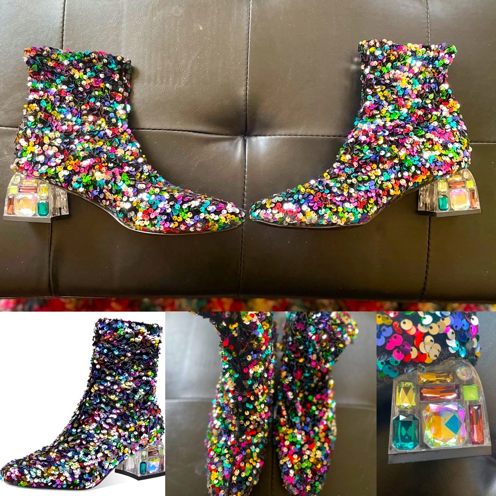 Brand new neverworn retro disco rainbow sequins treasure heel ankle boots 9.5